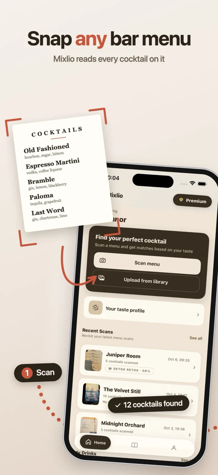 Scanning a bar menu with Mixlio
