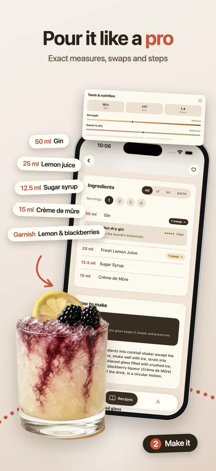 A recipe with measures, swaps and steps